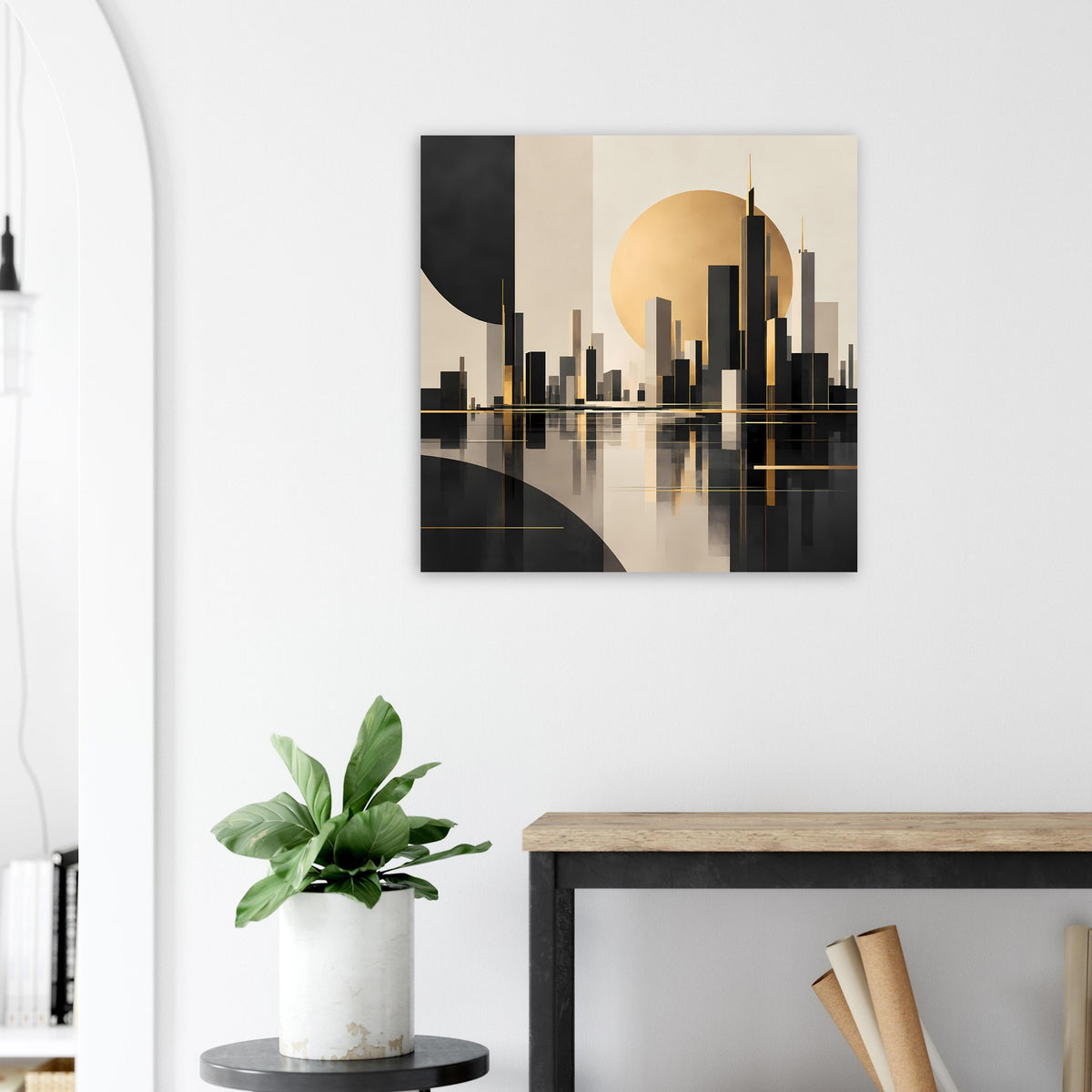 Poster mit abstrakter Stadtlandschaft im Art-Déco-Stil, Gold, Schwarz und Beige