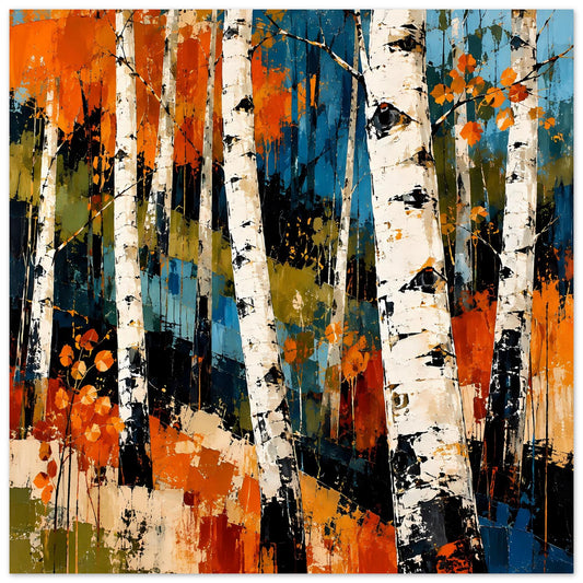 Kunstposter mit abstraktem Birkenwald in Orange und Blau, weiße Birkenstämme