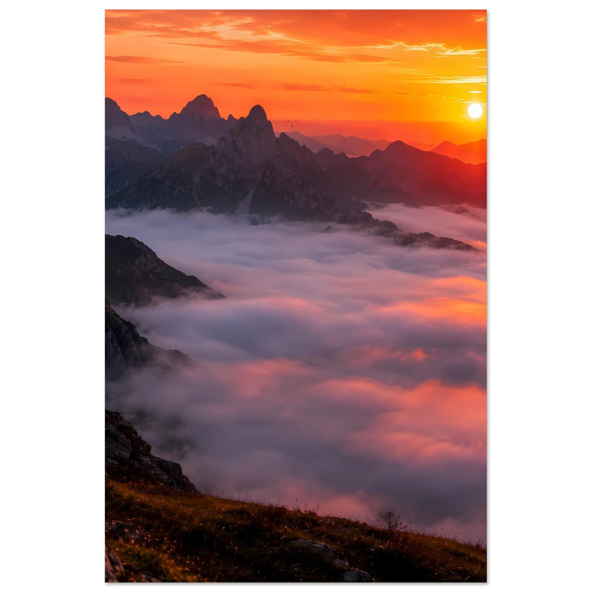 Poster im Hochformat: Berge im Sonnenuntergang, Wolkenmeer und tiefstehende Abendsonne