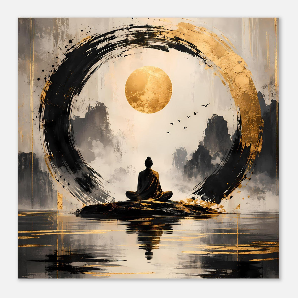 Meditationsposter mit goldener Sonne im Zentrum, schwarzem Ring und sitzender Figur auf Wasser