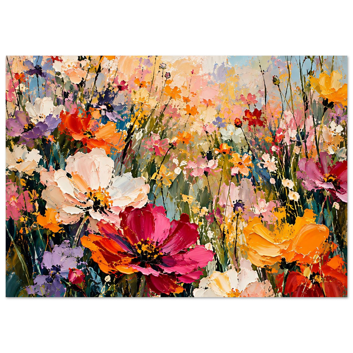 Blumenposter mit buntem Blütenmeer in Rot, Pink und Orange, abstrakte Pinseloptik