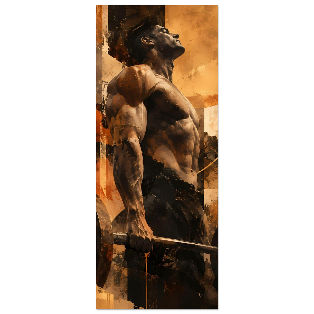 Vertikales Fitness-Art-Poster mit Hund und Hantelstange, warme Erdtöne, schmal