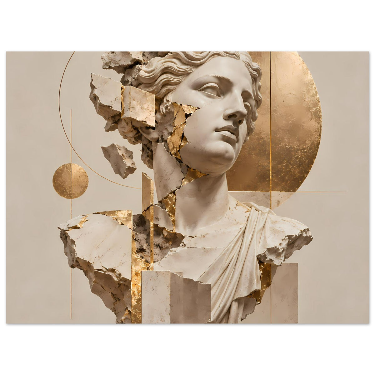 Kunstposter mit antiker Skulptur, gebrochenen Ebenen, goldenen Details und beige-cremigem Look