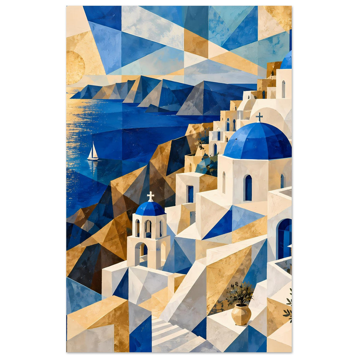 Geometrisches Poster, hochkant: blaue Kuppeln und weiße Kirchenhäuser vor blau-goldenen Flächen