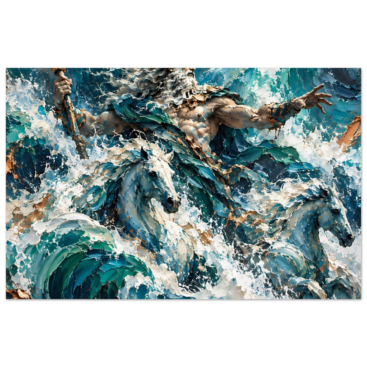 Neptun-Poster im Querformat: muskuläre Meeresfigur mit ausgebreiteten Armen und Wellen