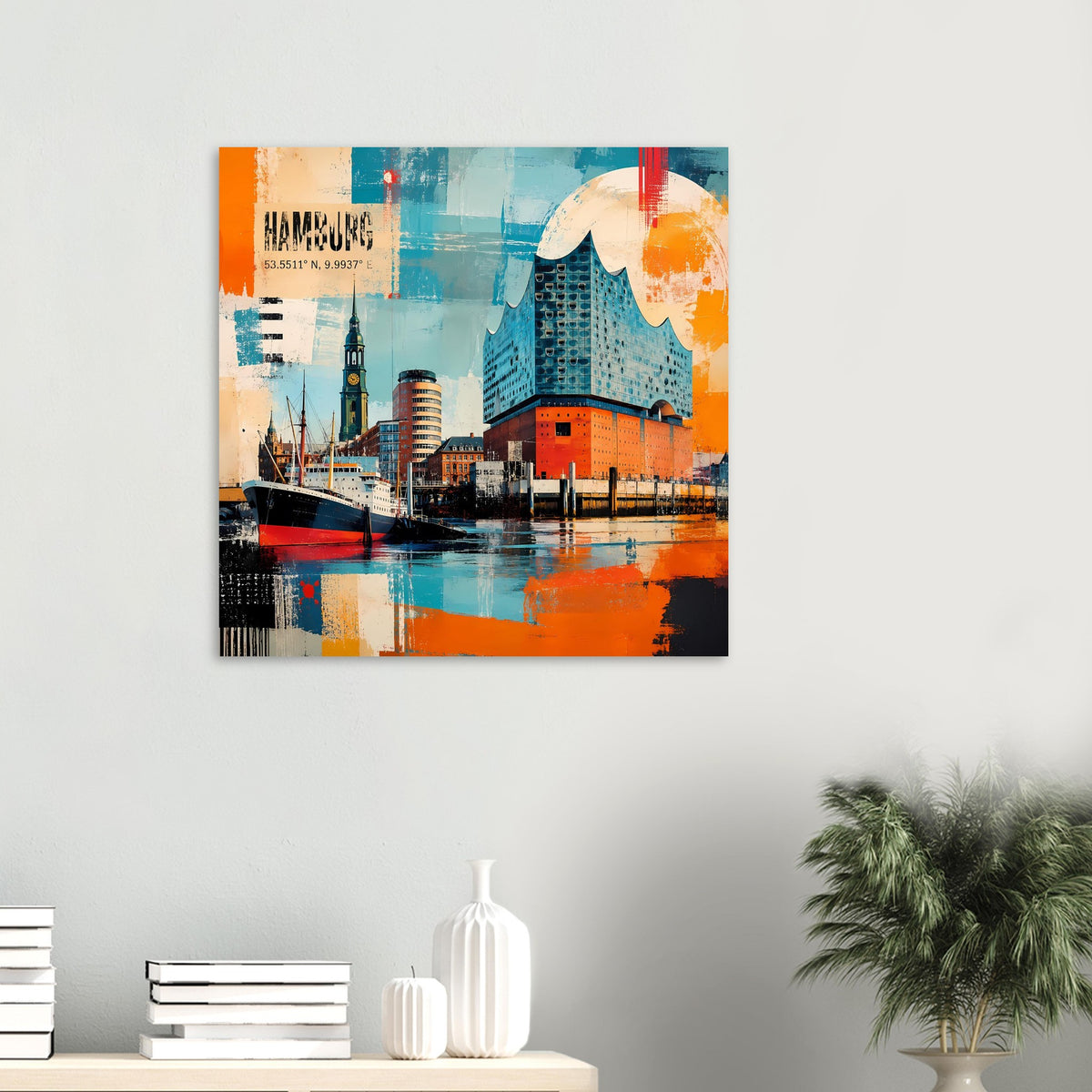 Wandposter mit Hamburger Hafen und Elbphilharmonie, türkis-orange, abstrakte Collage