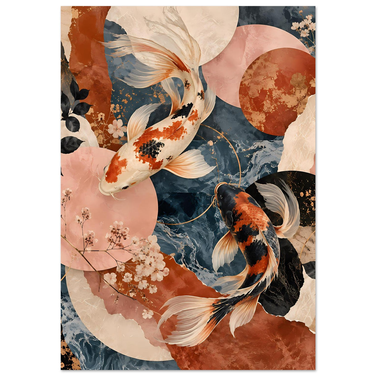Koi-Fische-Poster mit großen Kreisflächen und feinen Linien, Terrakotta-/Dunkelblau-Farben