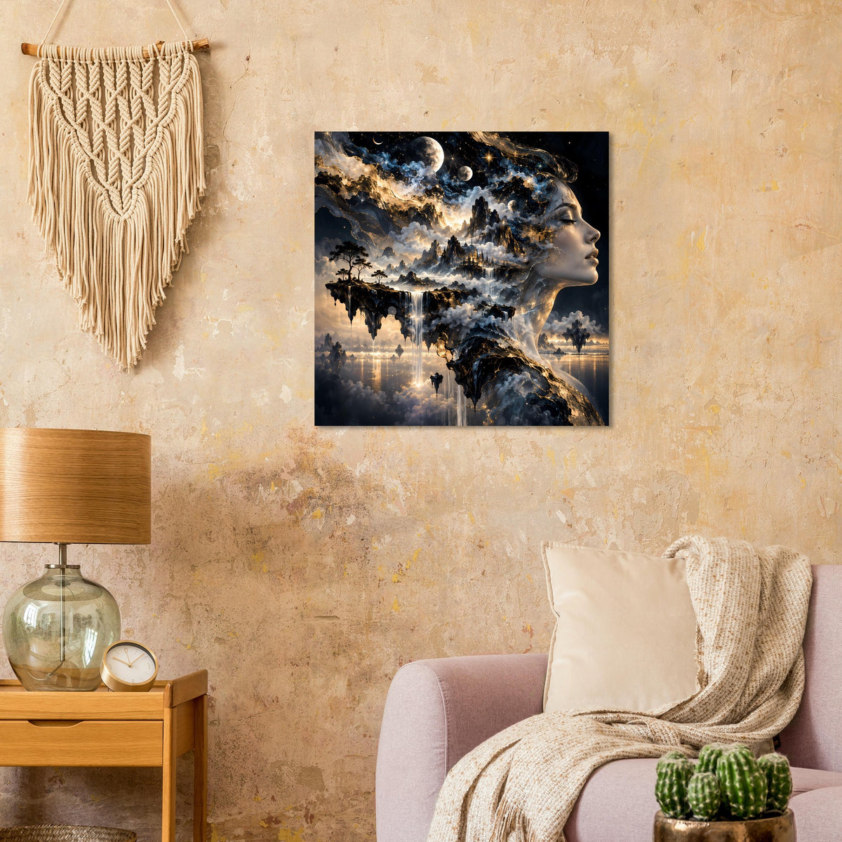 Gerahmter Kunstdruck: kosmische Nacht, Gesicht einer Frau im Profil, Mond und Lichter