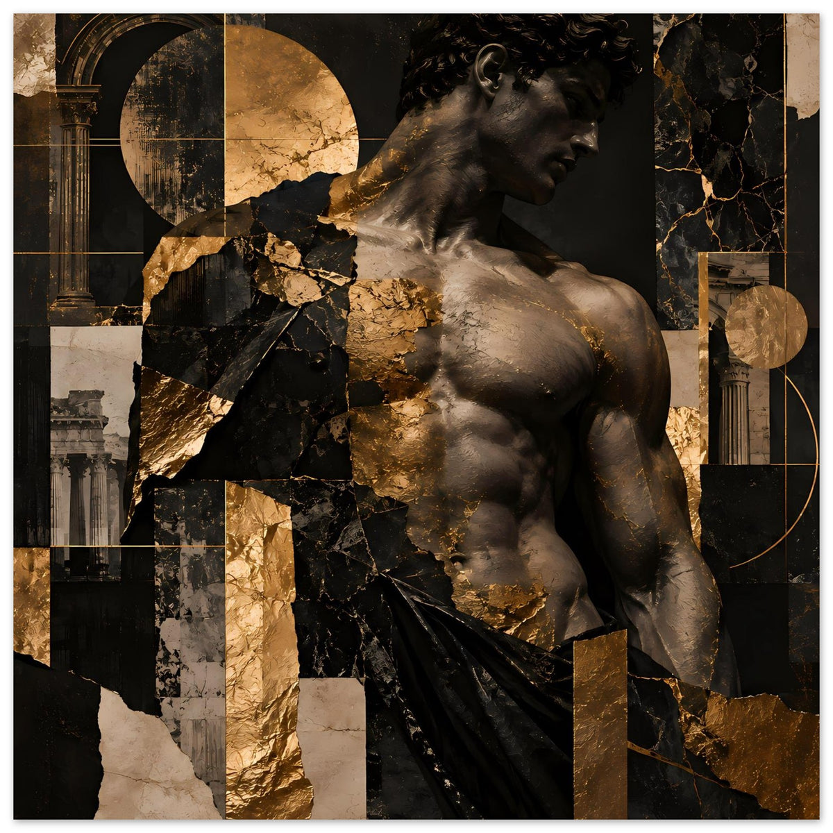 Kunstposter zeigt Skulpturenkopf, Torso und Drapierung, schwarz-goldene Collage, quer