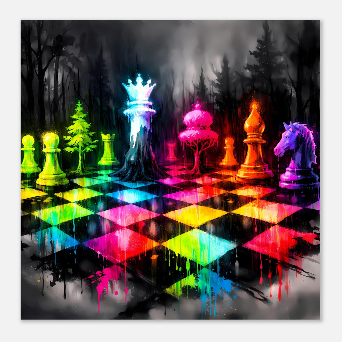 Schachspiel-Poster im Querformat mit Neon-Schachfiguren, leuchtendem Schachbrett und Pferd rechts