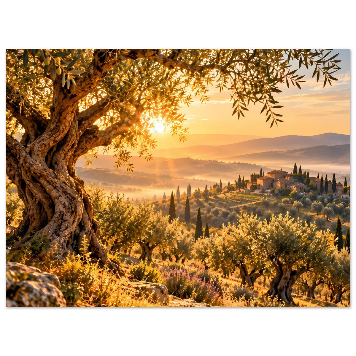 Landschaftsposter mit goldenen Sonnenaufgang über Olivenhain, knorrigem Baum und Zypressen-Tal