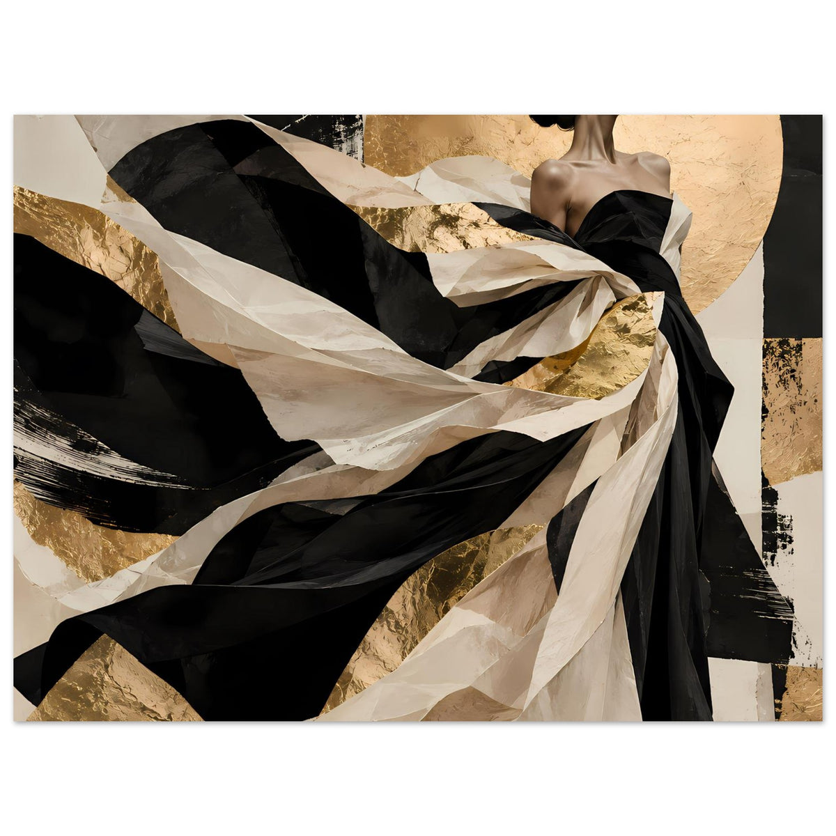Wandposter im Querformat: Frau im schwarzen Kleid, Gold- und Beige-Linien
