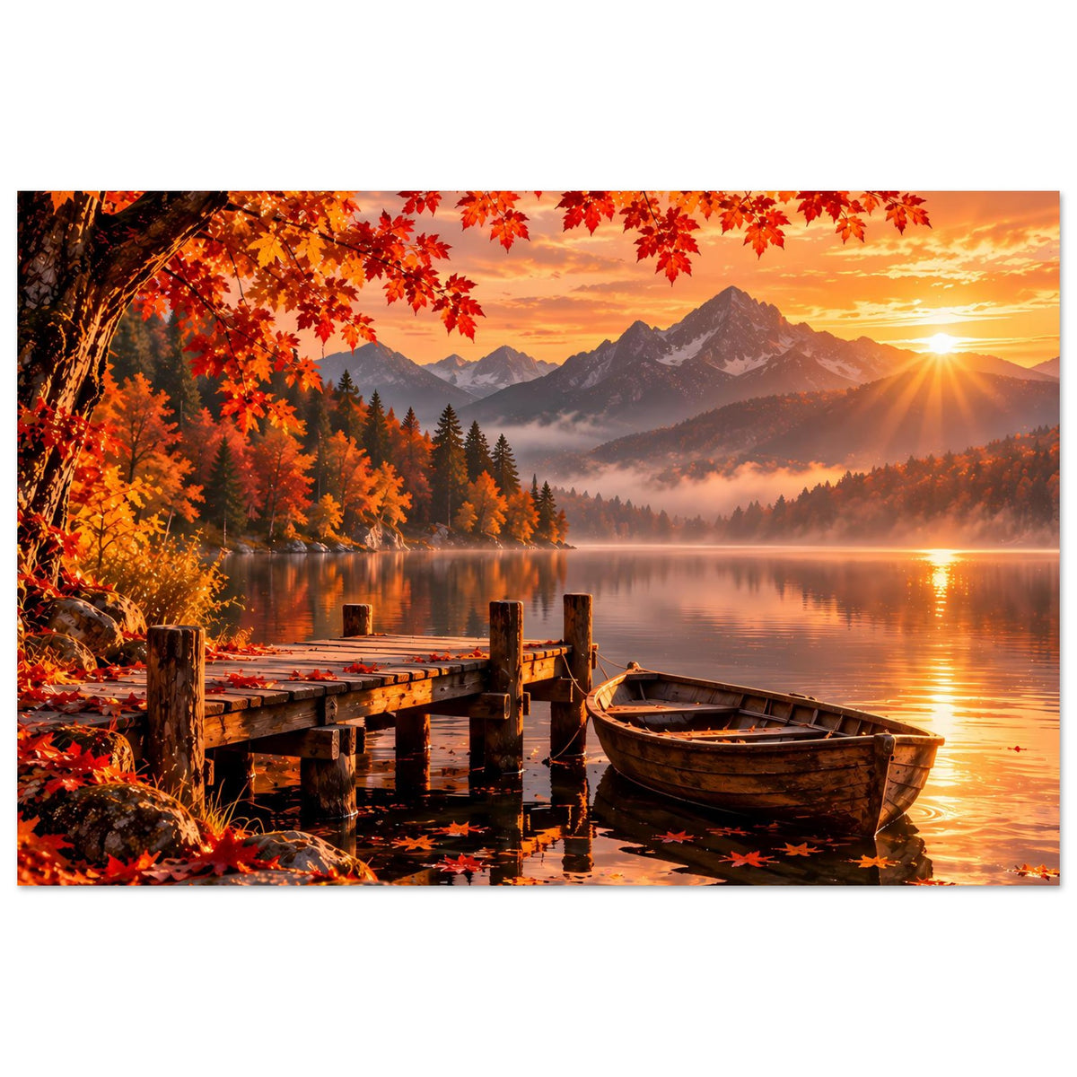Herbstliches Bergsee-Poster mit Ruderboot, Steg und spiegelndem See bei Sonnenuntergang