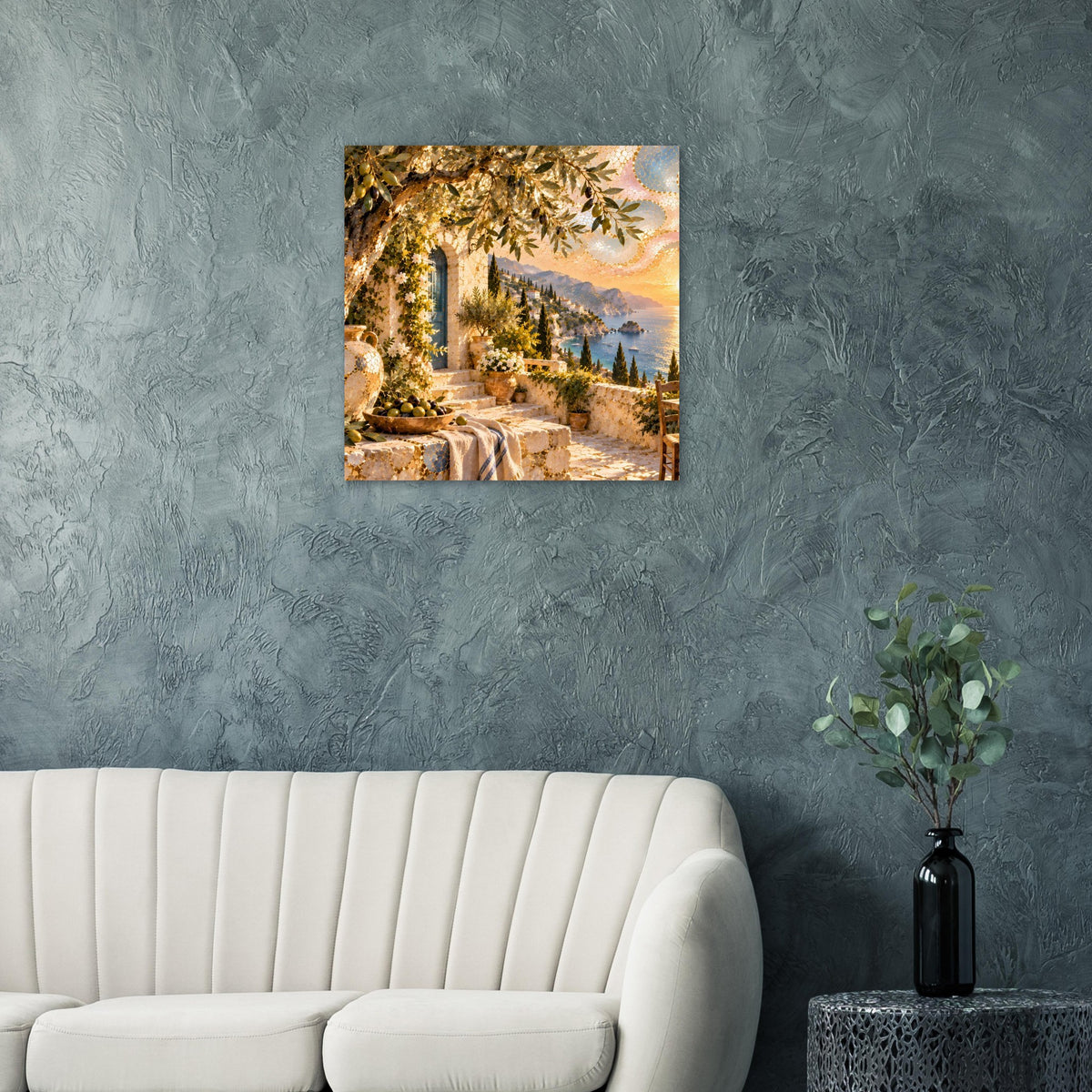 Mosaikkunst-Print: mediterraner Gartenweg mit Olivenbäumen, goldenen Blättern und Dämmerung