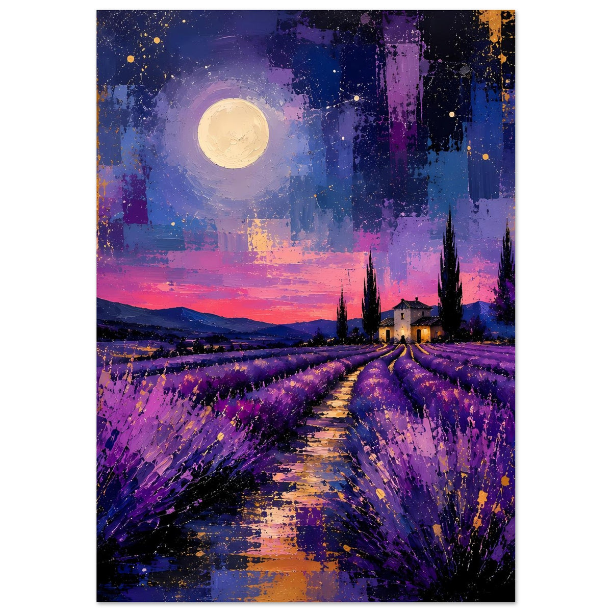 Poster mit Lavendelfeldern, goldfarbenem Vollmond und gepflastertem Feldweg