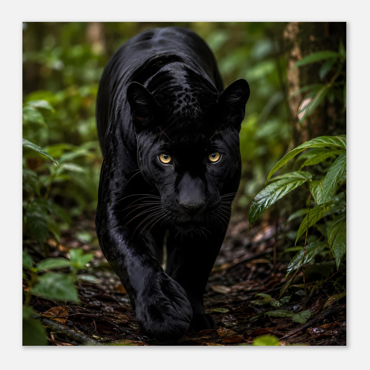 Poster mit schwarzem Panther auf schwarzem/ dunklem Untergrund, nahe am Motiv