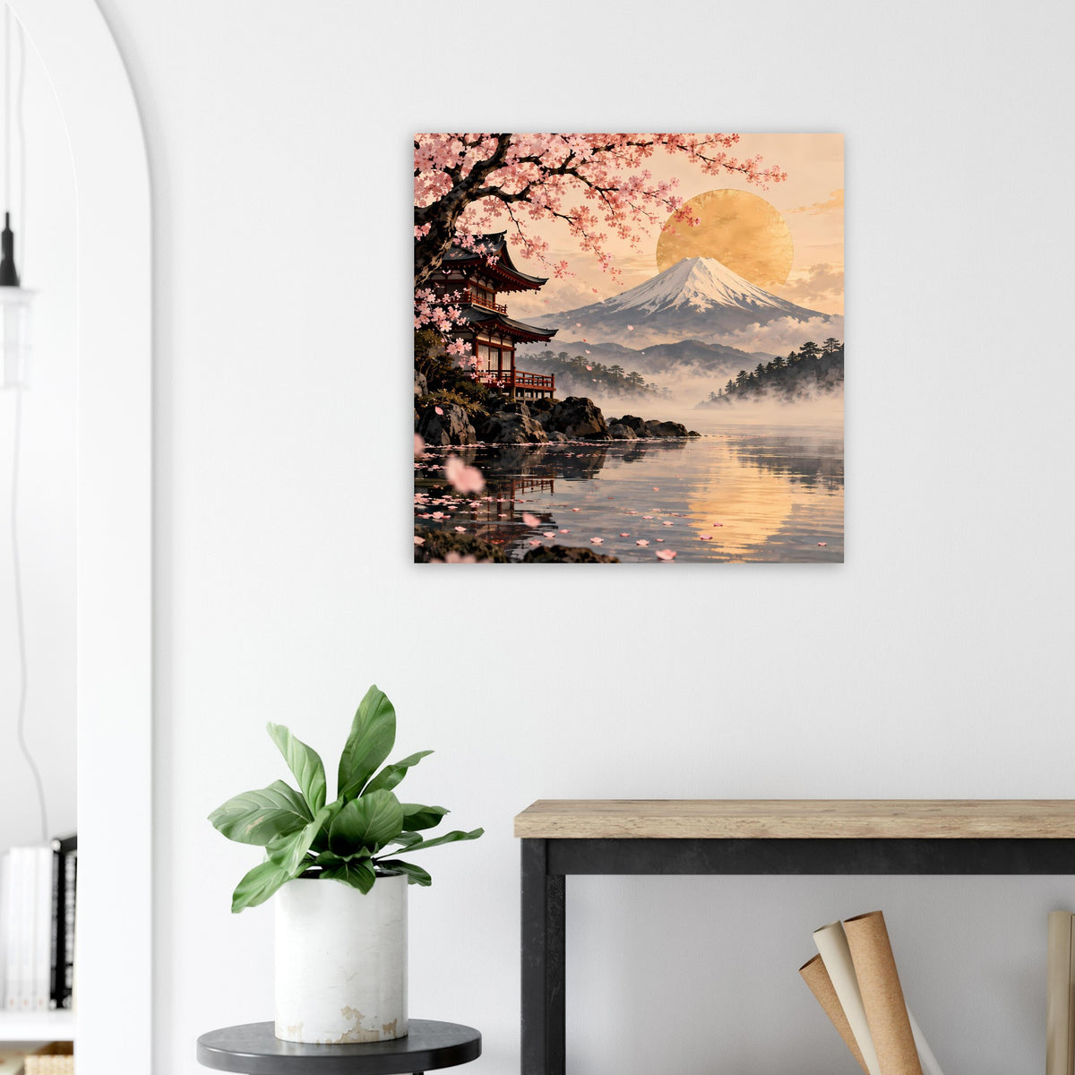 Wandposter mit Kirschblüten, goldenem Fuji und Tempel am Ufer