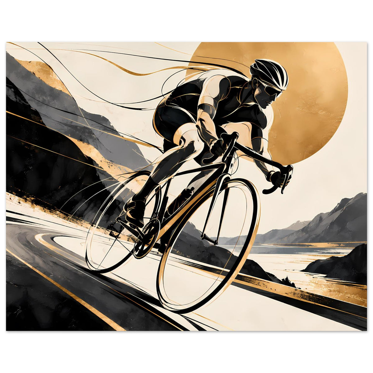 Sportposter Querformat: Rennradfahrer in Schwarz und Gold, großes Rundlicht-Hintergrundmotiv