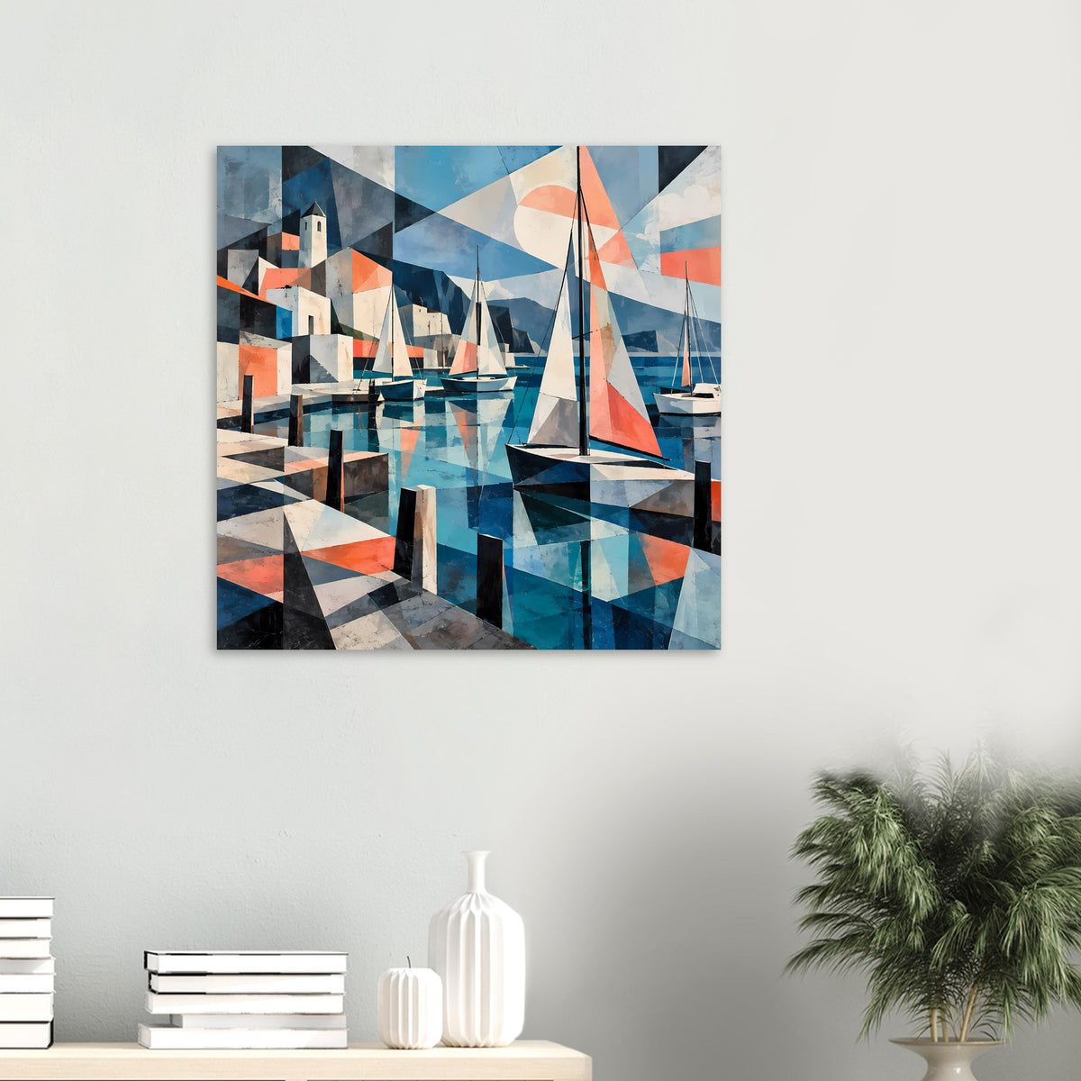Kubistisches Hafenposter mit Segelbooten und geometrischen Wasserflächen in Blau und Koralle – Ansicht 50
