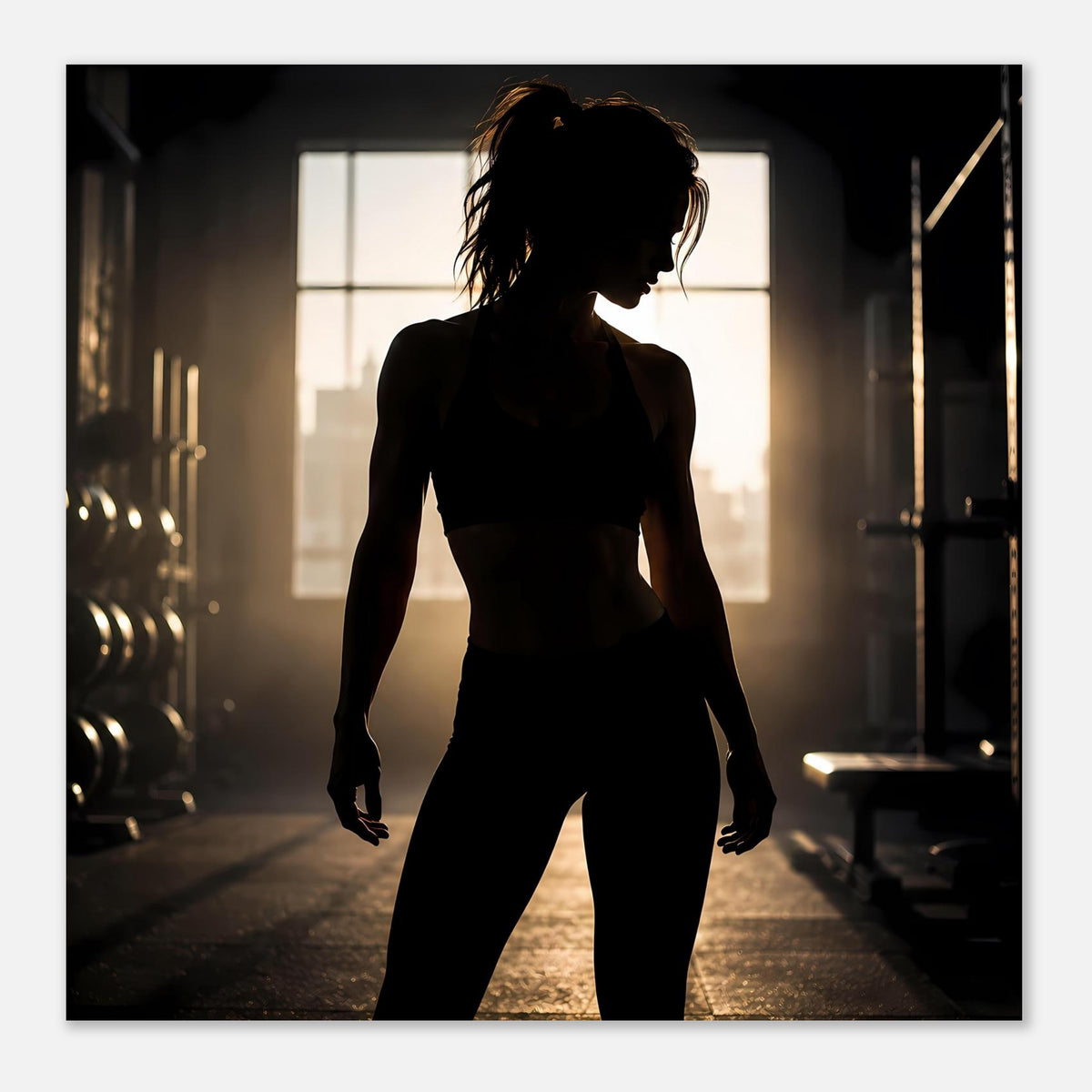 Fitness-Poster: Silhouette einer Sportlerin in dunkler Trainingskleidung, Brust und Taille sichtbar