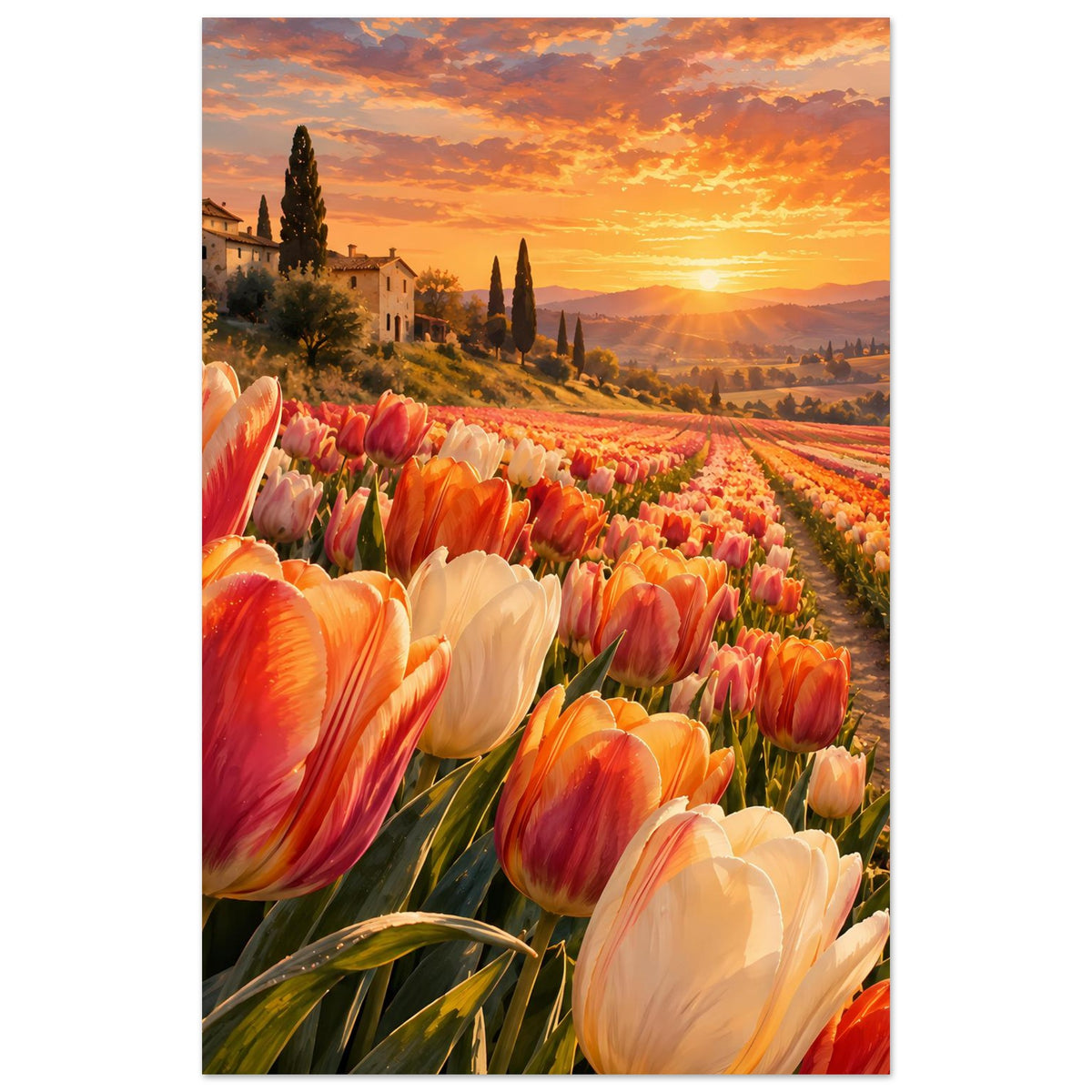 Vertikales Poster mit Tulpenfeld im Sonnenuntergang, Reihen aus orange-roten und weißen Tulpen