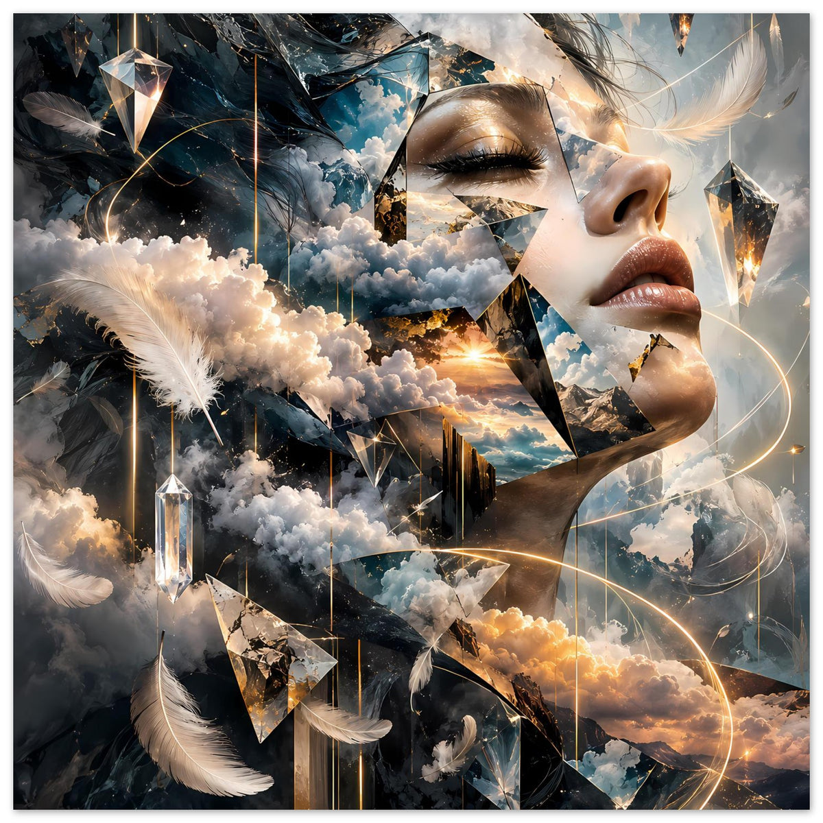 Surrealistisches Poster mit Frauenprofil, Wolken, silbernen Federn und goldenen Kreisen