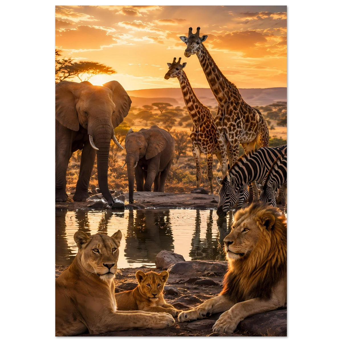 Wildtier-Sonnenuntergangsposter mit Löwen, Elefanten, Giraffen und Zebras, vertikal