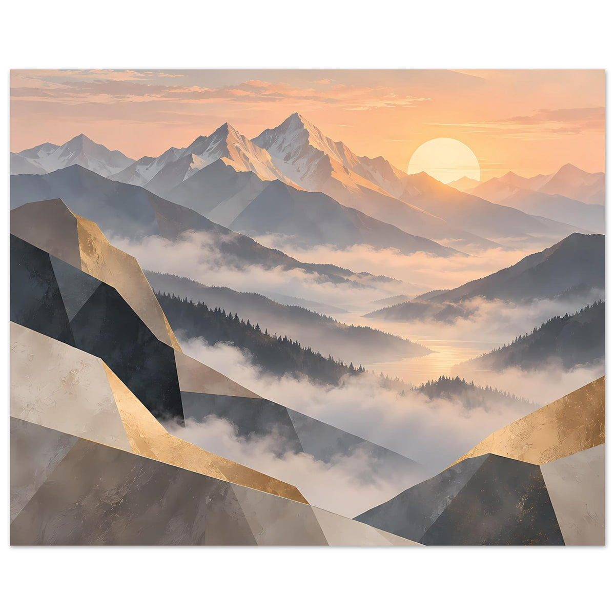 Horizontales Poster mit Berglandschaft, Pastelltönen, warmem Himmel und goldenen Formen