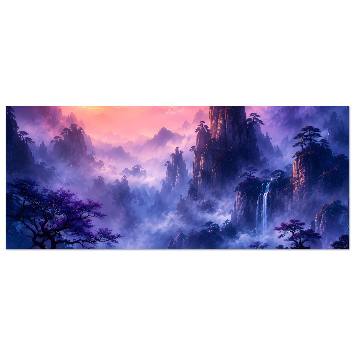 Breites Fantasy-Landschafts-Banner mit Nebelbergen, See und Wasserfall