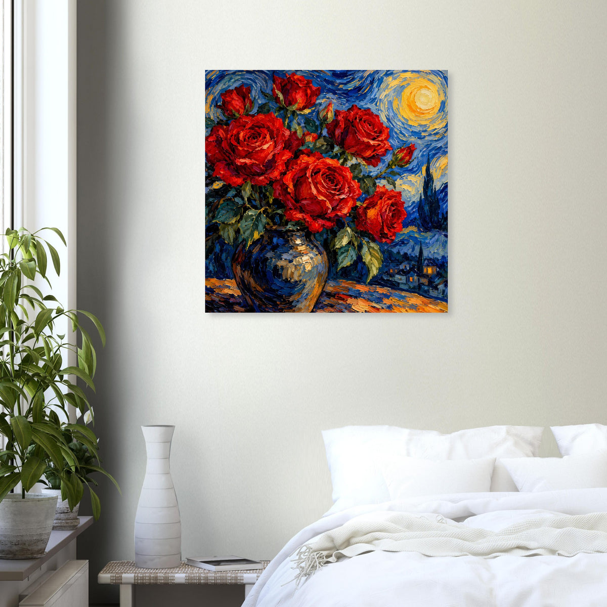 Quadratisches Poster: rote Rosenbouquet in blauer Vase, goldener Wirbel im Hintergrund