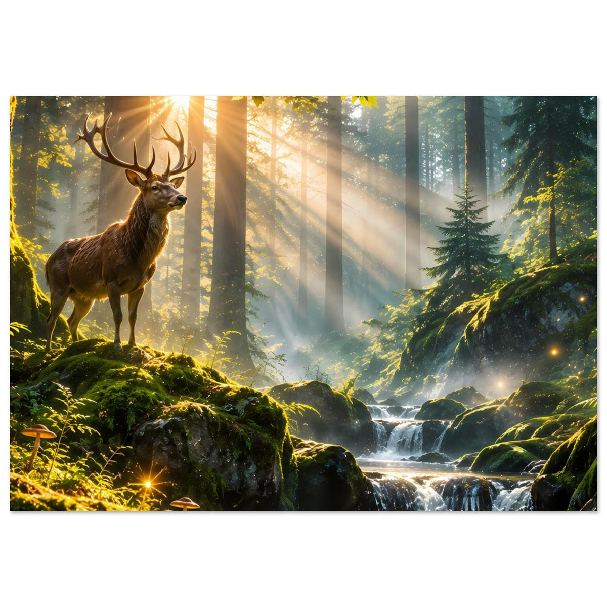 Waldlandschaft-Poster: Hirsch auf Felsen, Sonnenlicht, rauschender Wasserfall und dichter Wald