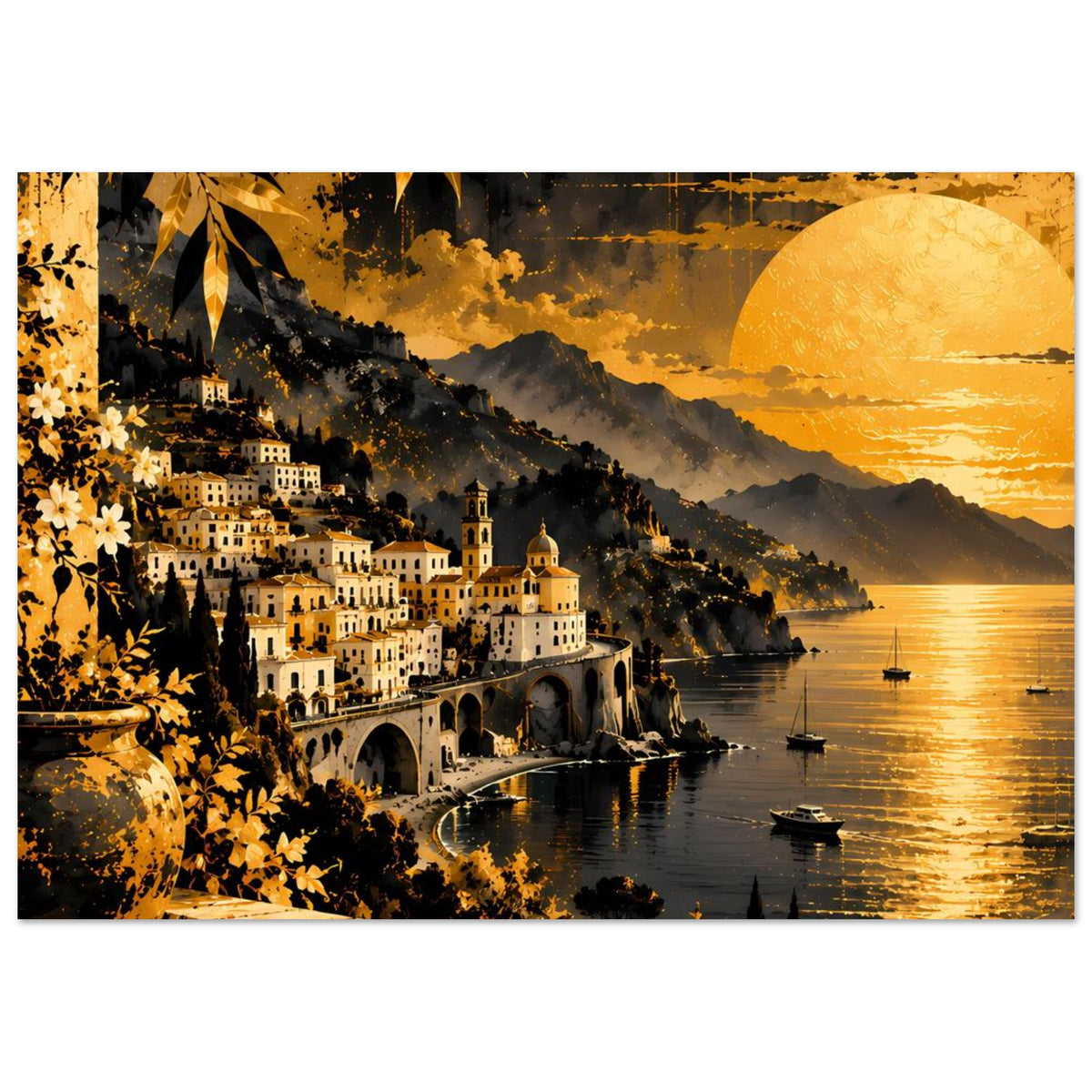 Horizontales Poster mit Küstendorf, goldenem Himmel, Booten und Wasserlinie