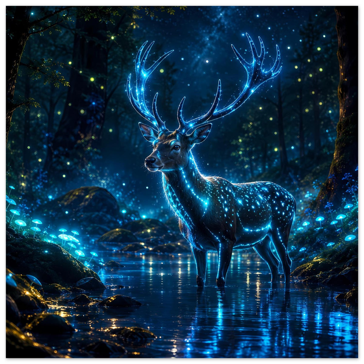 Poster mit leuchtendem Hirsch im Wald, blaues Geweih, Wasser und Steine, vertikal