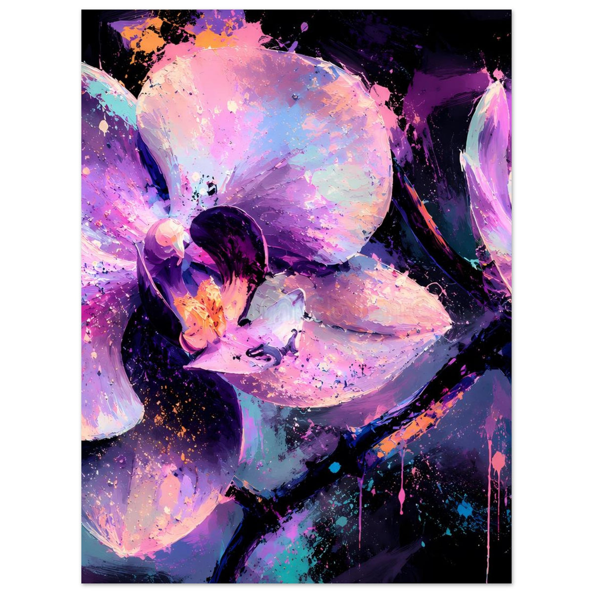 Abstraktes Neon-Orchideenblütenposter in Violett, Pink und dunklem Blau mit Spritzmustern