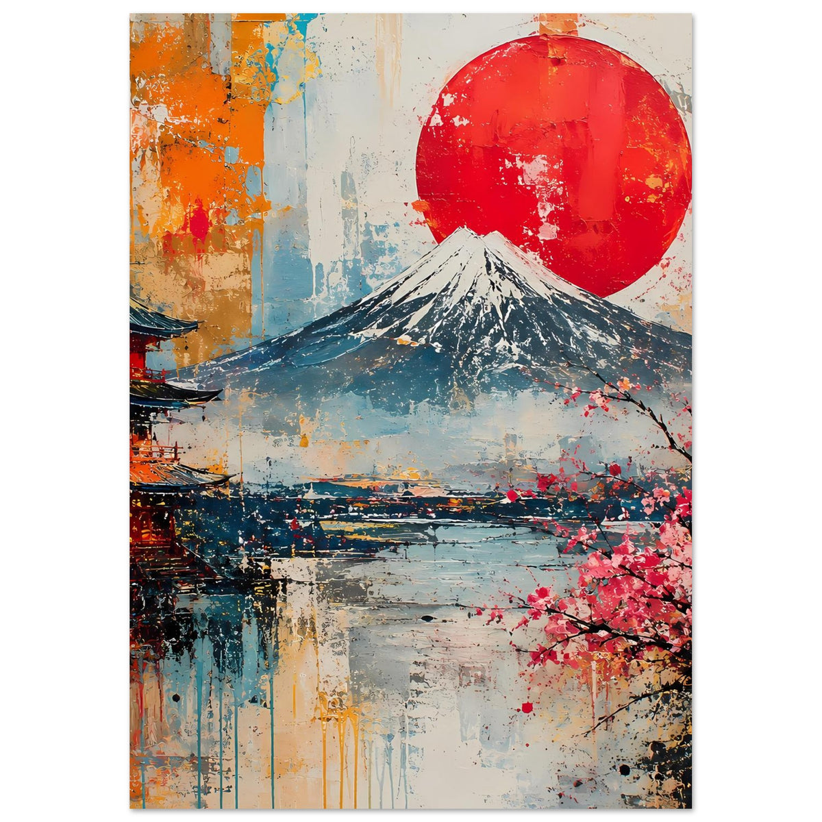 Japanisches Poster (vertikal): Fuji-Berg, roter Kreis und Kirschblütenzweig