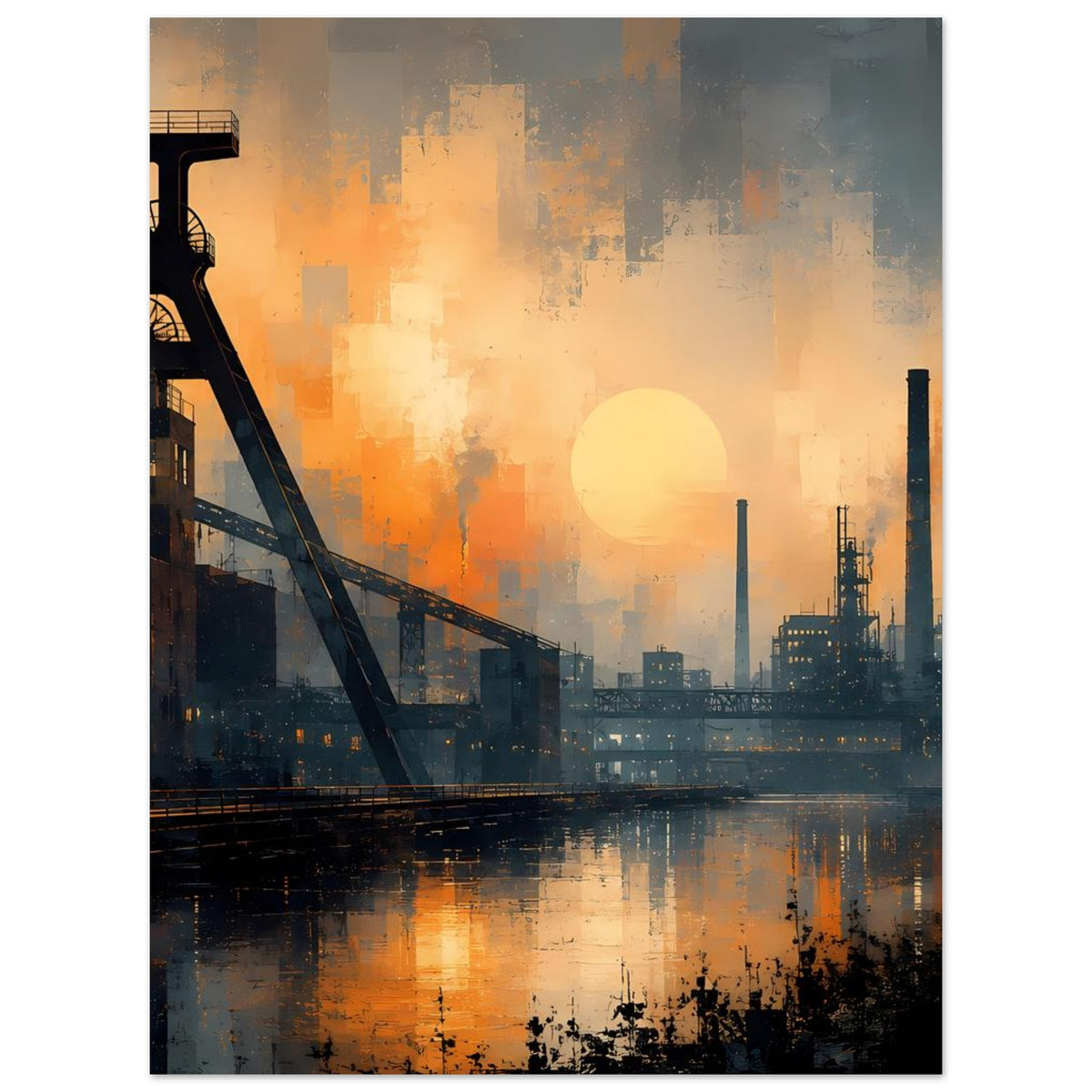 Industrielles Dämmerungs-Wandposter, Hochformat mit Fabrikskyline und rundem Sonnenmotiv