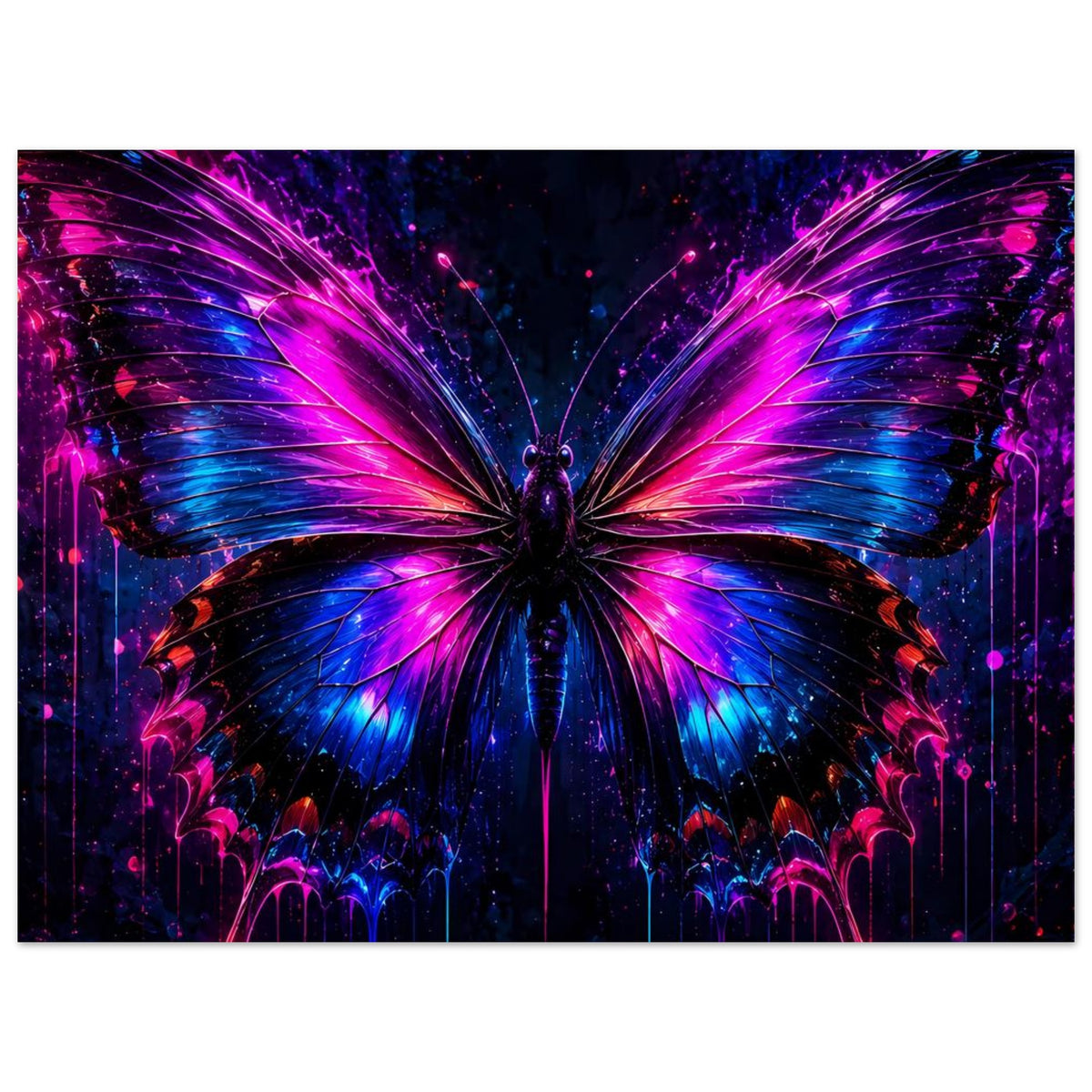 Neon-Schmetterlingsposter mit leuchtenden Flügeln in Pink, Violett und Blau
