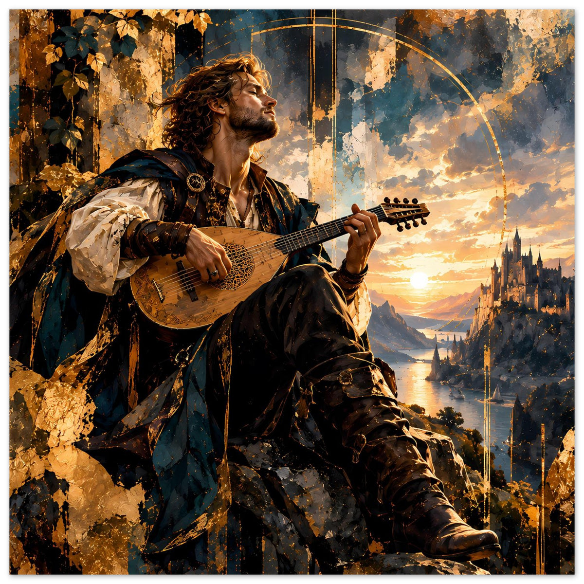 Vertikales Poster mit Bard-Musiker, Gitarre und Sonnenuntergang über Burgkulisse
