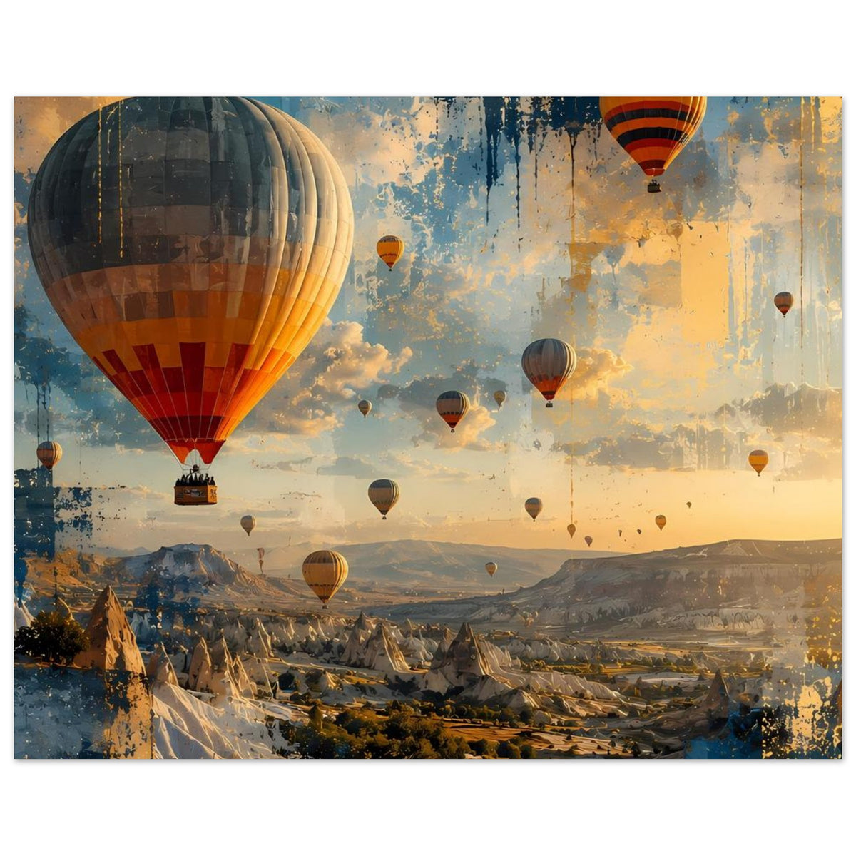 Poster mit Heißluftballons im Himmel und weiträumiger Landschaft, abstrakt, gelb-orange