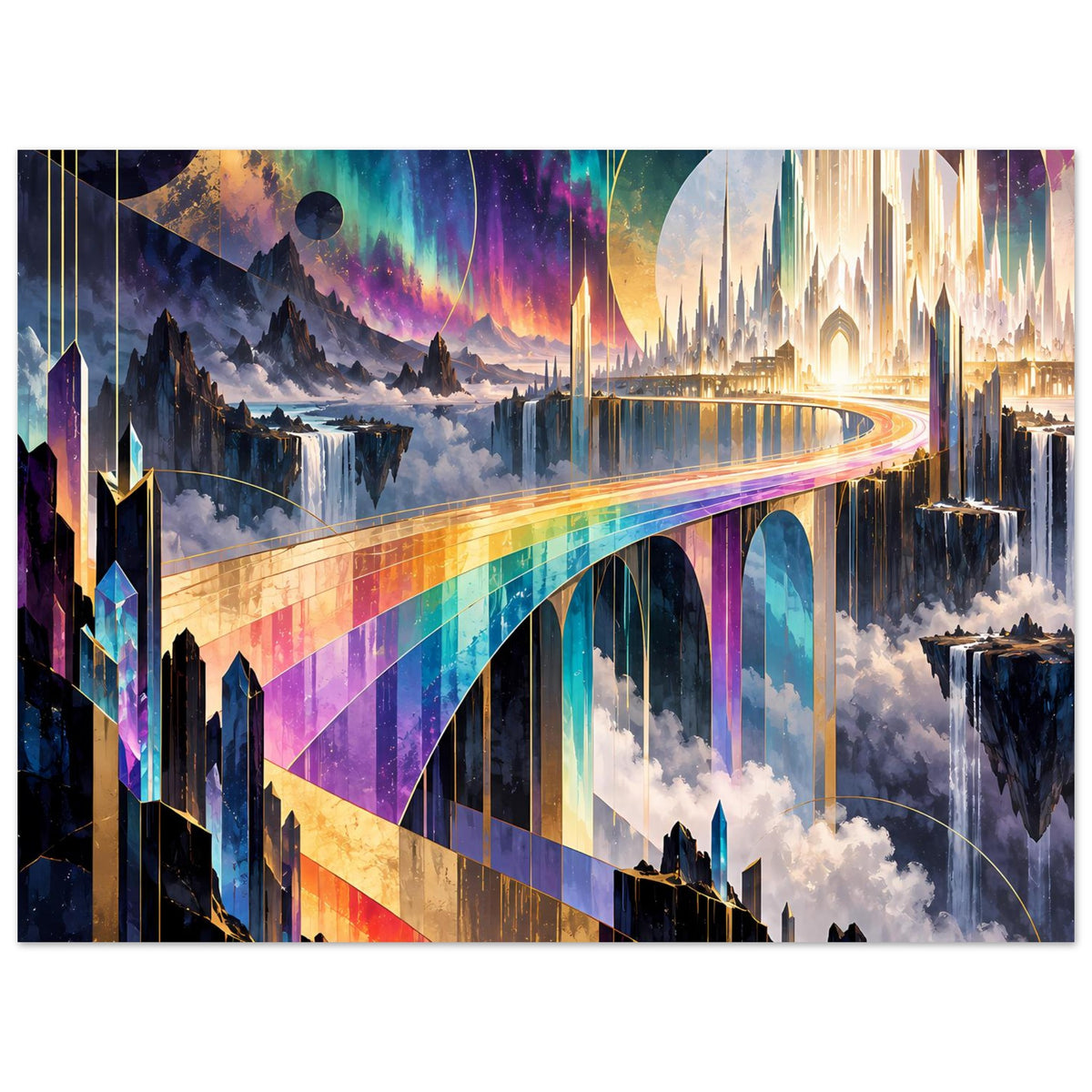 Regenbogenbrücke-Poster mit leuchtender Brücke, regenbogenfarbenen Bögen und Türmen, Querformat