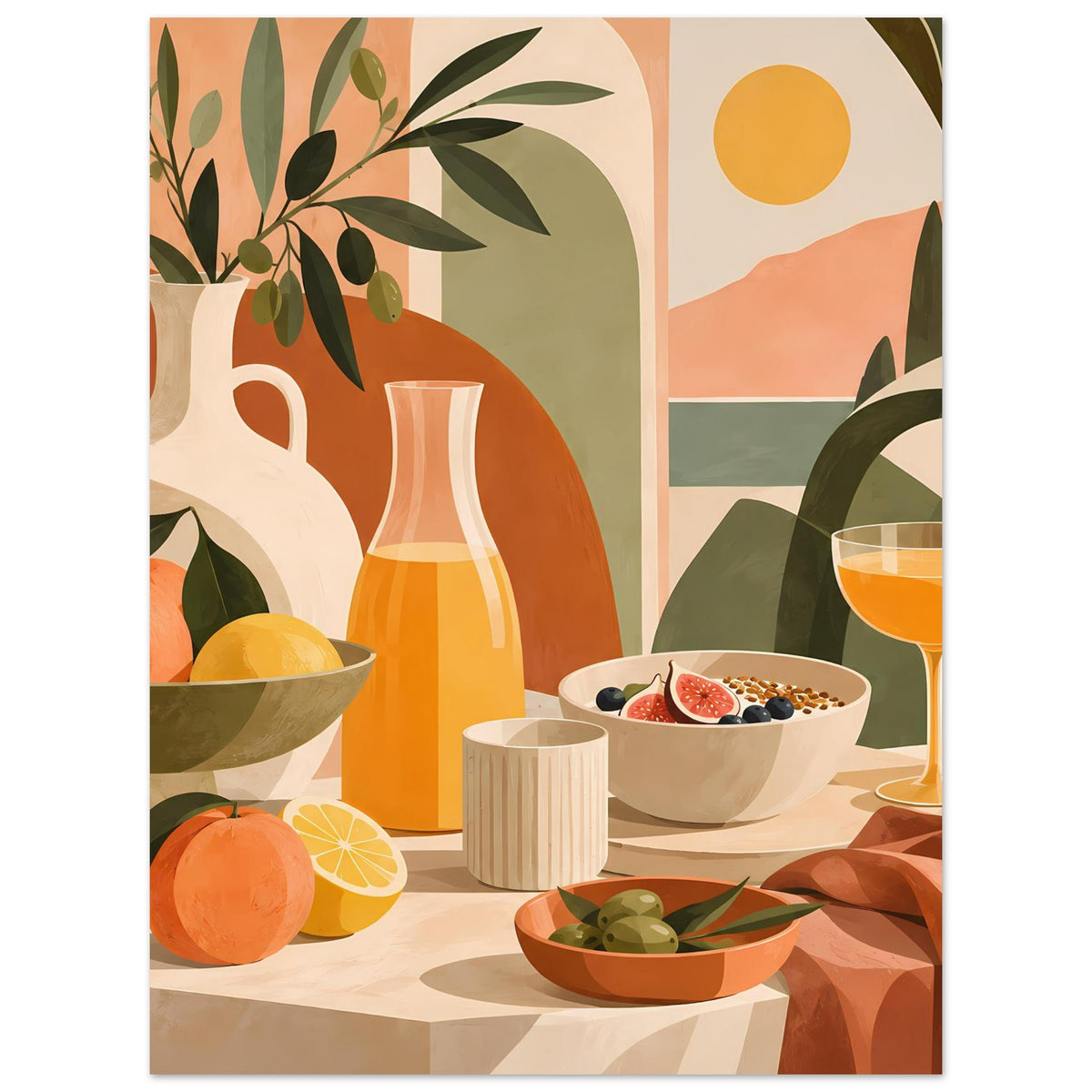 Stillleben-Poster im Hochformat: Vase, Obstschale, Beeren-Schüssel, Oliven und Wein im Glas