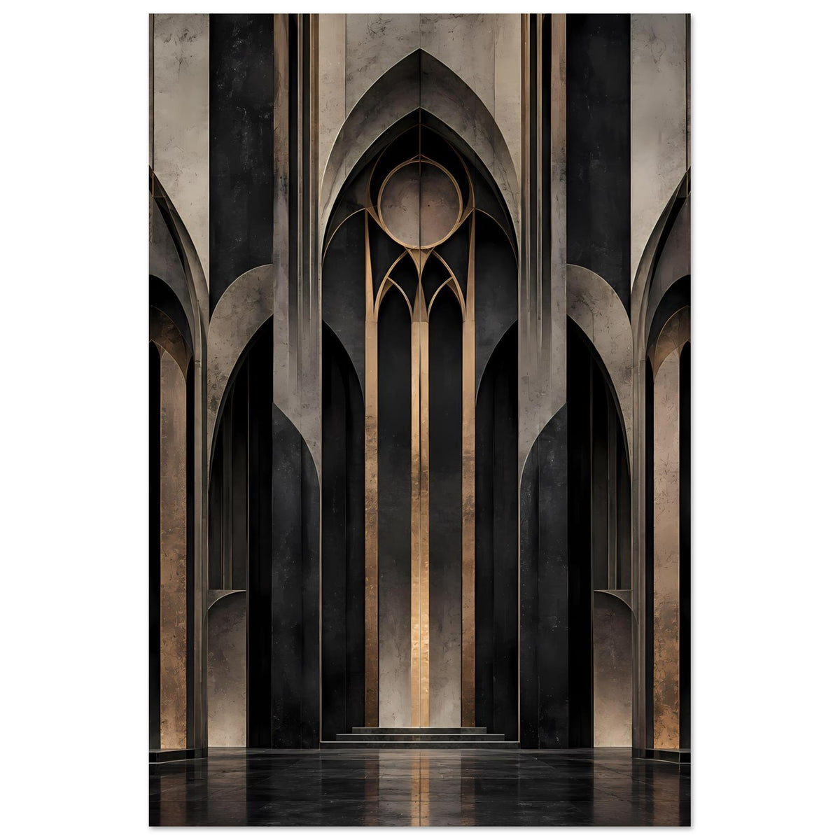Gotisches Spitzbogen-Architekturposter, vertikale Ansicht mit zentralem Rundbogen und dunklen Säulen