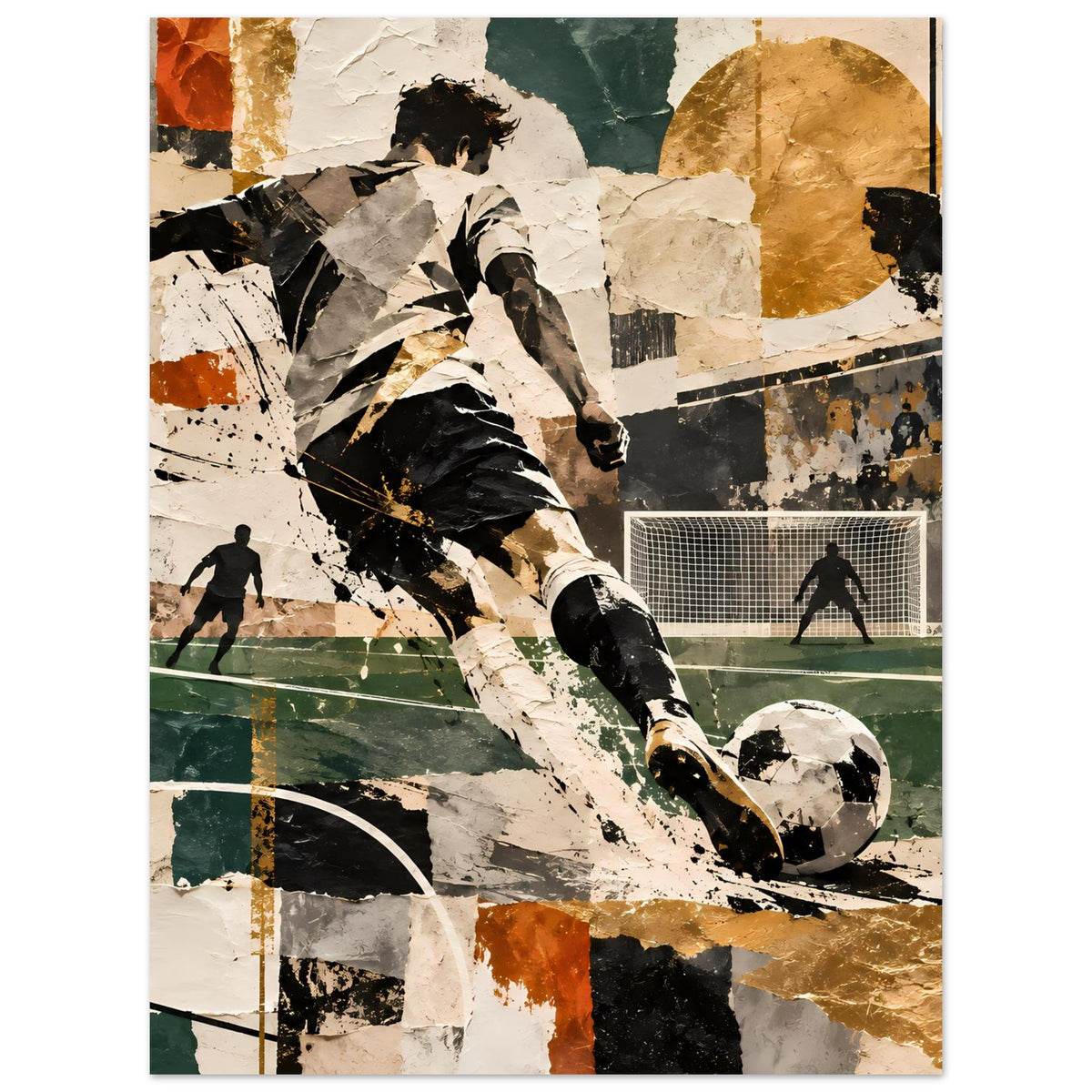 Fußball-Action-Kunstposter mit laufendem Spieler, Torhüter im Netz und Ball, abstrakter Collage-Look
