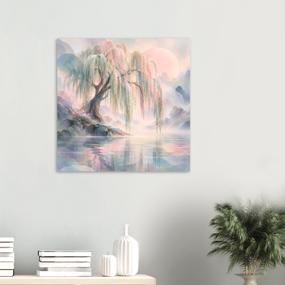 Naturposter im Querformat: Trauerweide am ruhigen Wasser, Pastelltöne, rechteckig