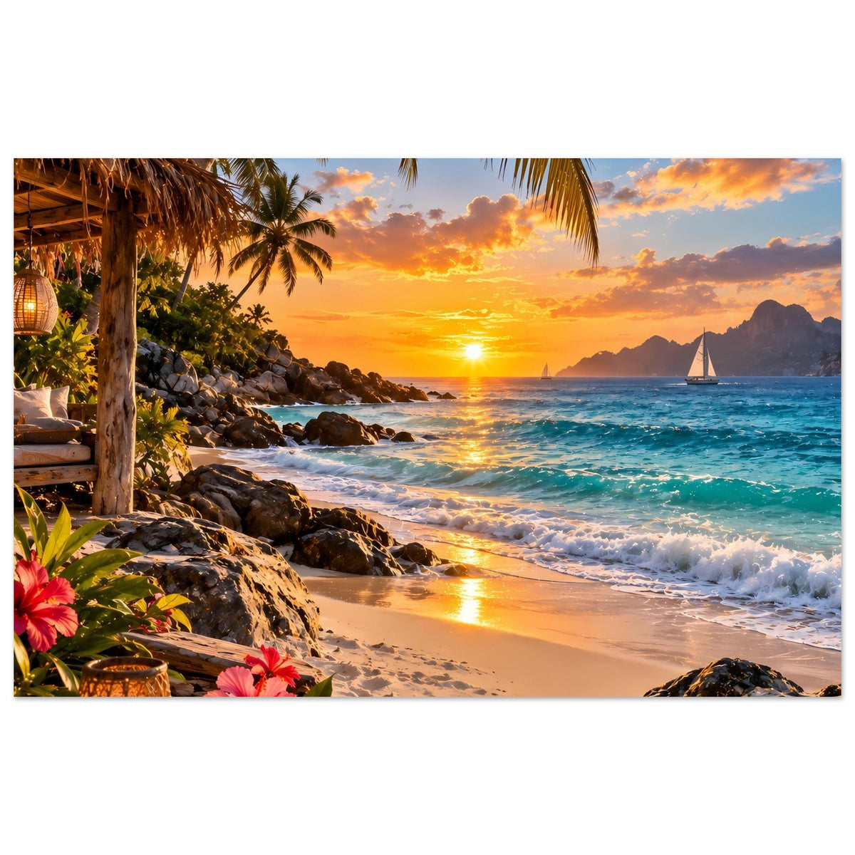 Landschafts-Poster mit Sonnenuntergang am Strand, Palmen, Blumen am Rand und Wellen am Ufer