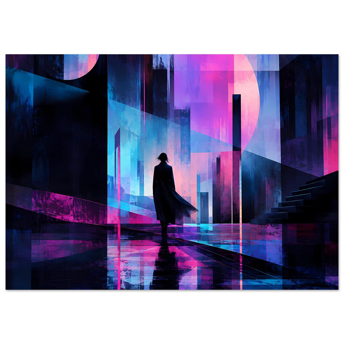 Neon-Nachtlandschaft-Poster: Silhouette einer Person auf spiegelndem Weg, blaue und pinke Lichter.