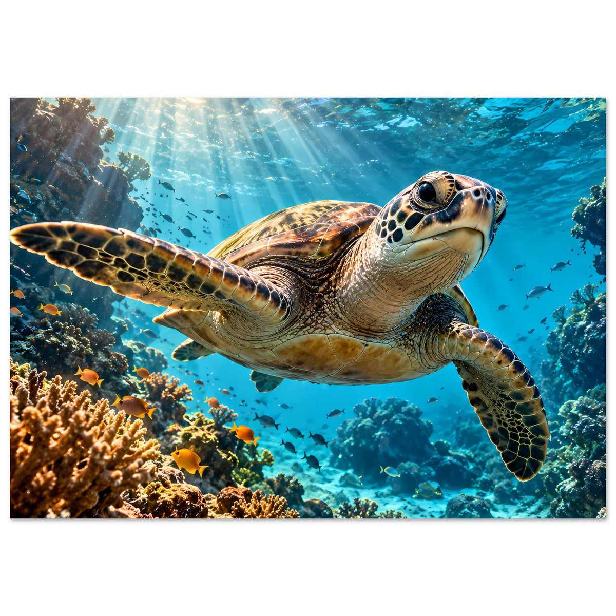 Unterwasser-Schildkrötenposter: große Schildkröte über Korallen, kleine Fische im Hintergrund