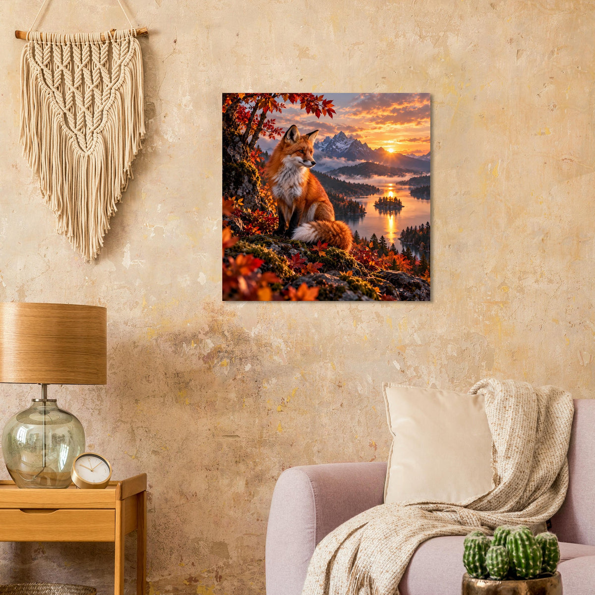 Quadratisches Poster mit Fuchs im Herbstwald und Blick auf See und Berge bei Sonnenuntergang