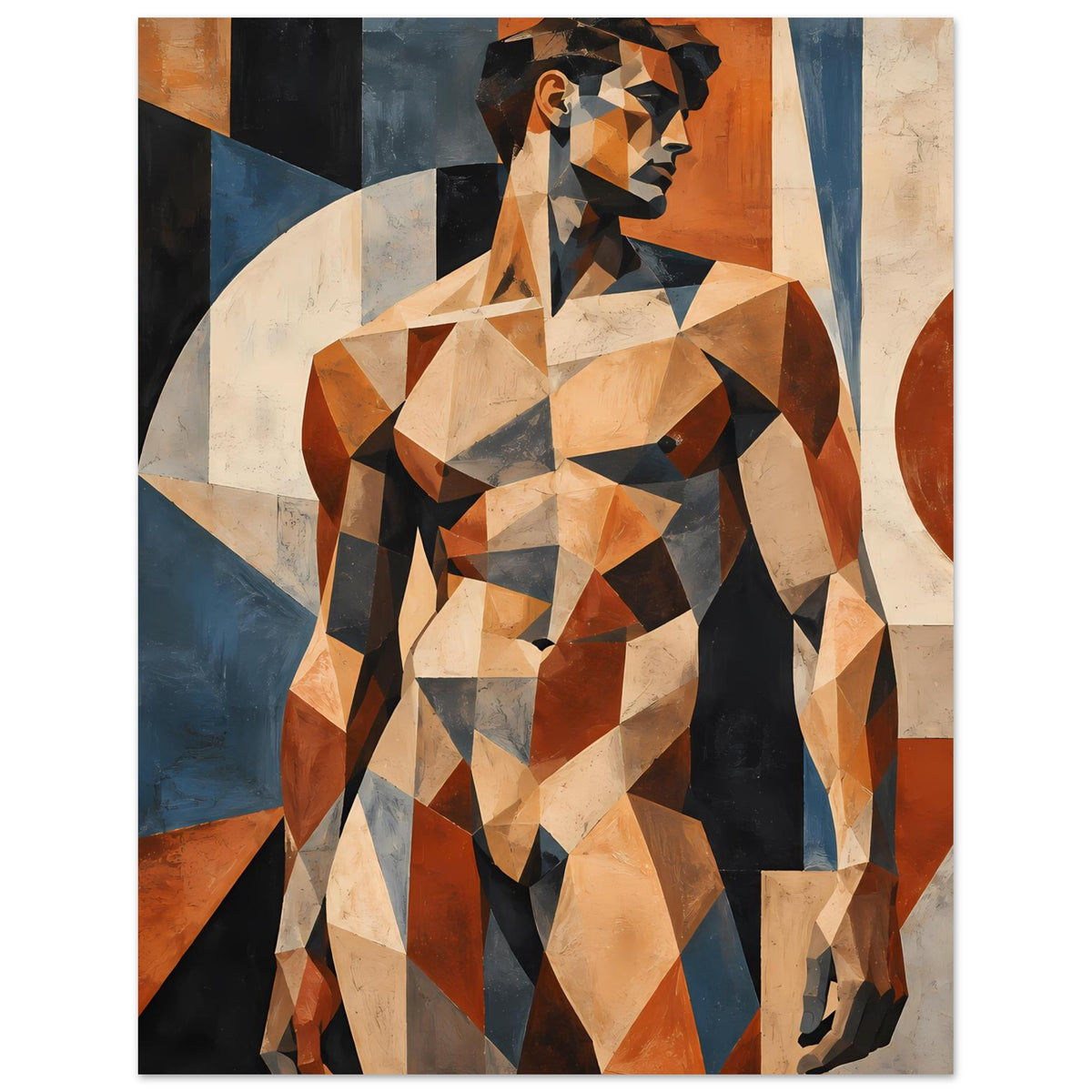 Kunstposter mit geometrischer Aktfigur eines Mannes, seitlicher Blick, bis über den Oberarm