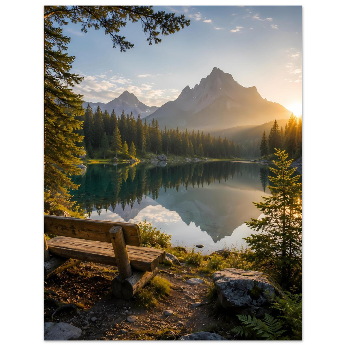 Poster mit Bergsee und Berggipfeln bei Sonnenuntergang, Sonne rechts am Himmel